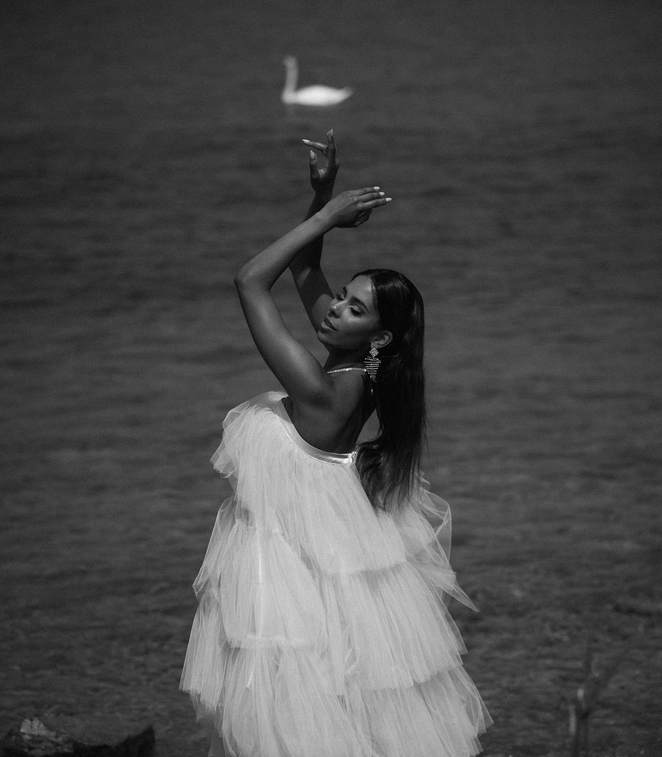 Black and White Artistic Portrait in Tulle Dress by Water